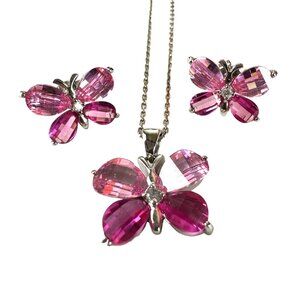 Elegant Butterfly Jewelry Set 925 Sterling Silver Necklace & Earrings With Pink
